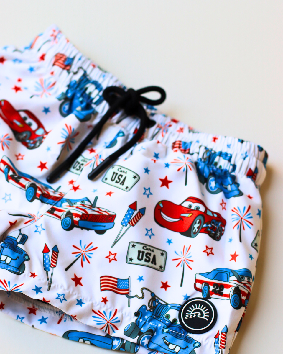 Red, White, and Vroom – Swim Trunk